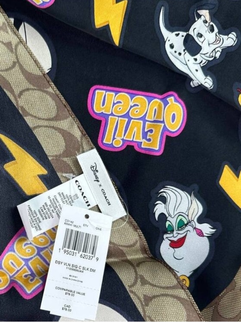 COACH X Disney Coach Signature Villains Print Silk Diamond Scarf, BNWT Unworn - Picture 2 of 5